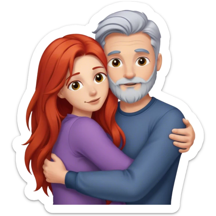 Long red hair woman and young gray hair man with beard hugging sticker