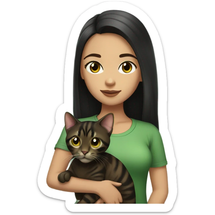 girl with long black hair and white skin. she has brown eyes and is wearing a green shirt. she is holding her brown and black bengal cat that has green eyes sticker