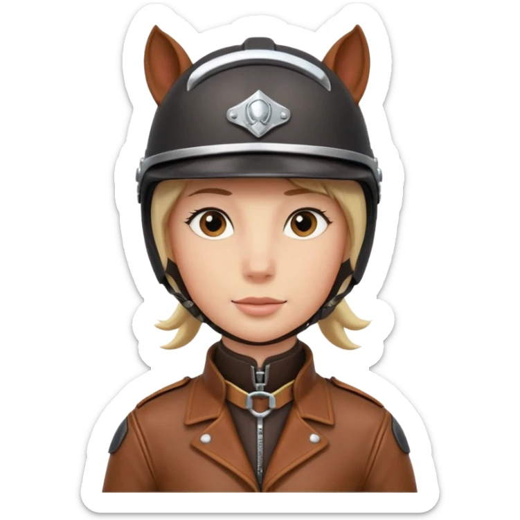 horse rider portrait, head and shoulders only, wearing riding helmet, leather jacket collar, confident expression, subtle horse tack strap visible, 3D cartoon, mobile game icon style, clean background, no text, no watermark
 sticker