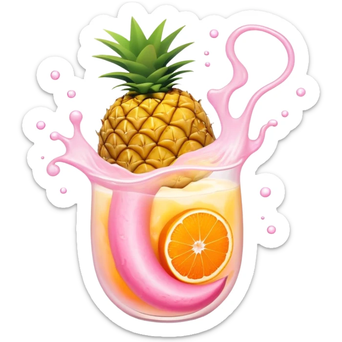 Golden pineapple, orange mango slices, pink papaya pieces, and a swirling white kefir drink floating around a glowing stomach. Light streams flow through the digestive system, showing enzymatic action dissolving blockages. sticker