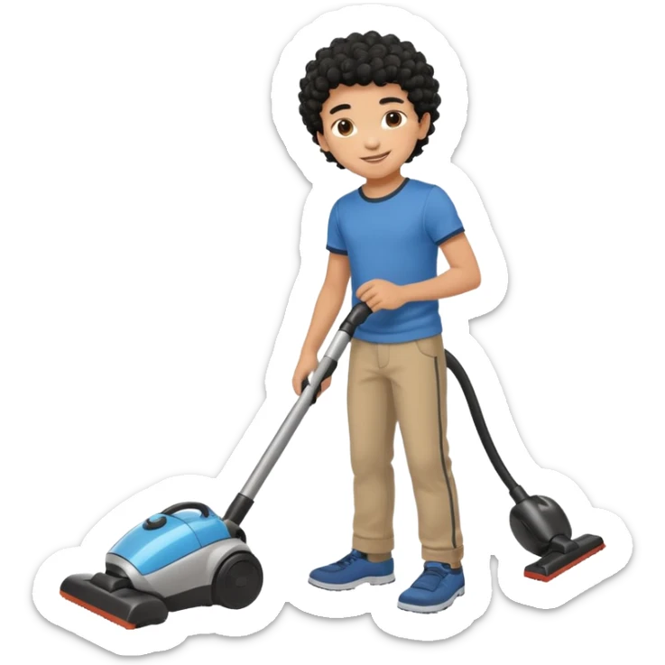 Emoji to encourage kids to do chores - should contain something about house chores, ok replace the broom with a vaccum make it atheltic boy 8 years old - egyptian with curly hair but not too curly -  sticker