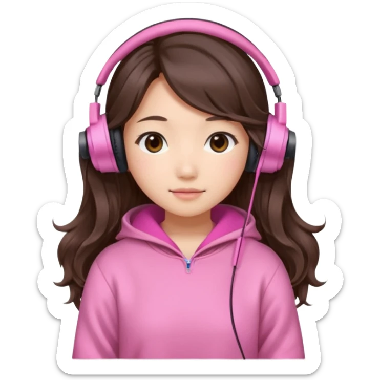 a asian japanese girl with wavy long silky brown hair and no bangs. the right side of hair is set on her shoulder she has a cute pink gaming headphones. she is wearing a cute pink sweater  sticker