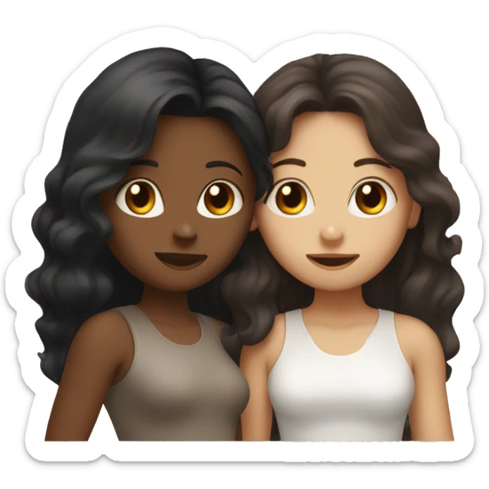 Two girls kissing. One is white with long black straight hair. One is white with short brown curly hair.  sticker