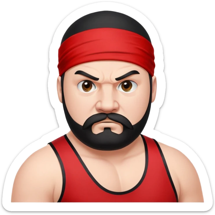Close-up of extremely fat white skin guy with young face, prominent BLACK DURAG tied clearly on head, distinct black beard and mustache, no muscle, black eyes in a red and black wrestling singlet with angry face sticker