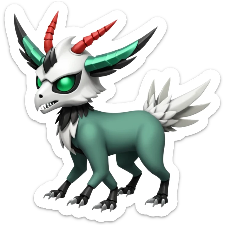 Shiny Cute Cool Badass Aesthetic Colorful Futuristic Black Grey White and Dark-Green Trico-Skarmory-Silvally-Skiddo-Sprigatito-Absol-fusion (full body) with and edgy white horned skull mask face sticker