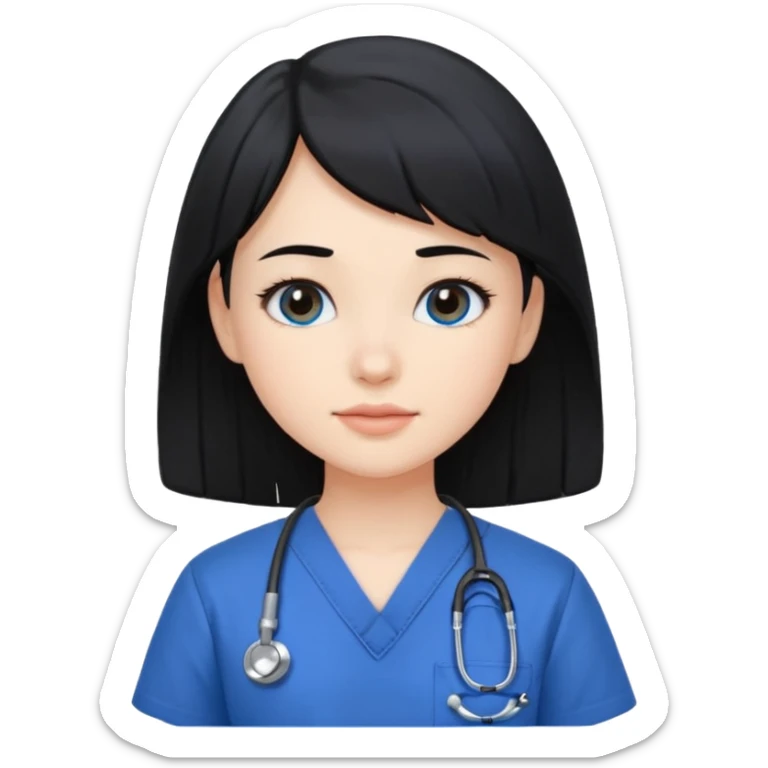 pale beautiful girl with black hair, side swept bangs in scrubs sticker