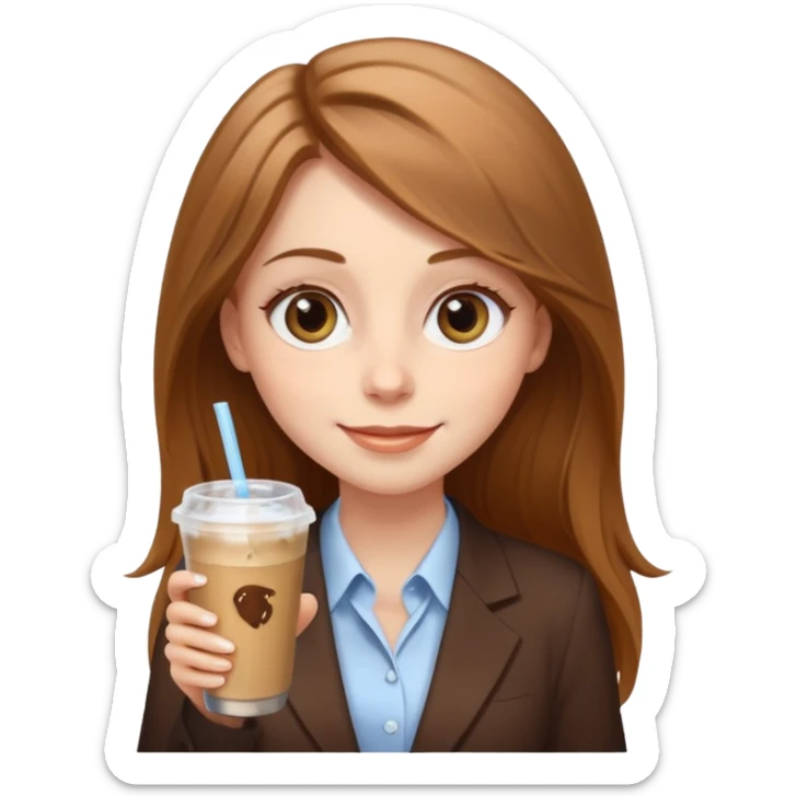 Women in front of laptop with a happy face, long light brown hair, light brown big eyes, light pale skin with a iced coffee on the side, business attire sticker