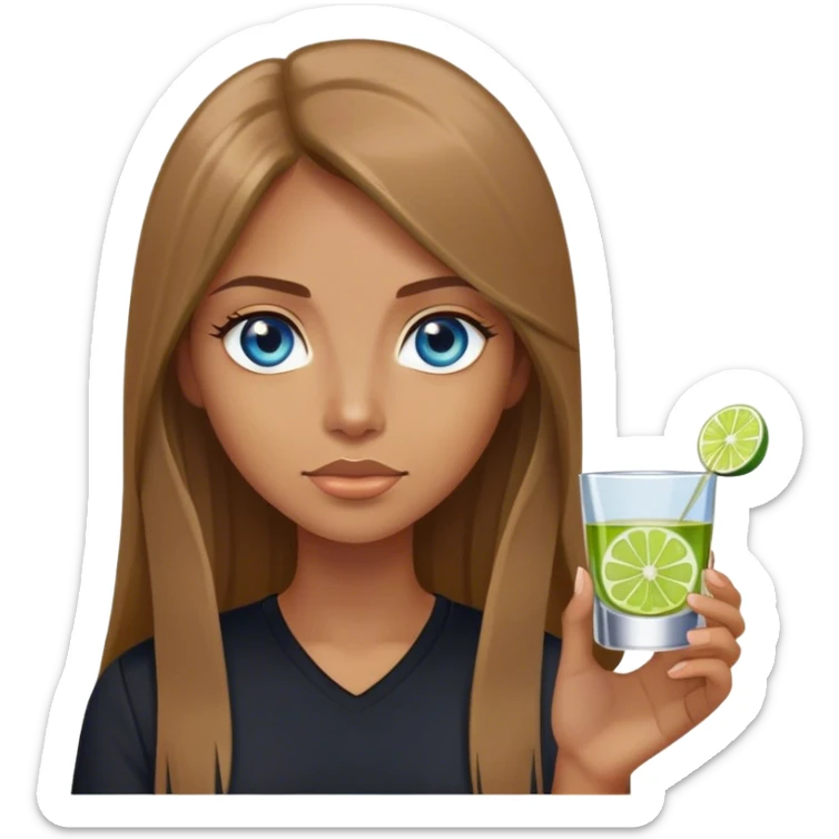 tan woman, black shirt, long light brown straight hair, grey blue eyes, holding a shot with lime sticker