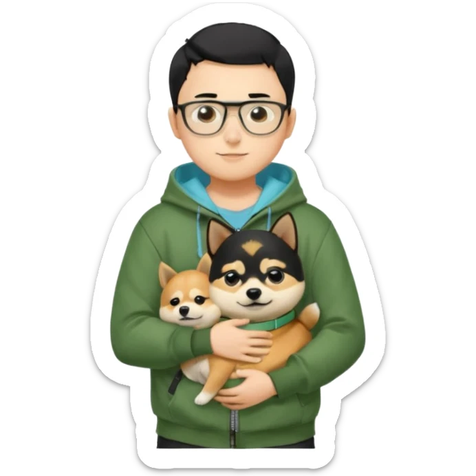 A yellow skin boy, black hair, buzzcut hairstyle, wearing tortoiseshell eyeglasses, green hoodie with zippers, light blue shirt inside, black trousers, black belt, hugging a very cute little black shiba inu sticker