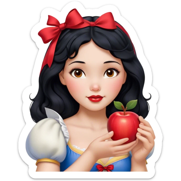 Cinematic Realistic Snow White Portrait, depicted with lifelike skin texture, soft natural lighting, and intricately detailed black hair styled with a red ribbon. Her soft brown eyes radiate innocence and kindness, complemented by a warm, gentle smile. She holds an apple in one hand, her other hand resting against her cheek, embodying her purity and charm. She is dressed in her classic yellow, blue, and red gown, the fabric rich in texture with delicate folds that catch the light beautifully. The portrait features a soft, natural glow with a radiant finish, capturing the essence of timeless beauty in a realistic and painterly style. sticker