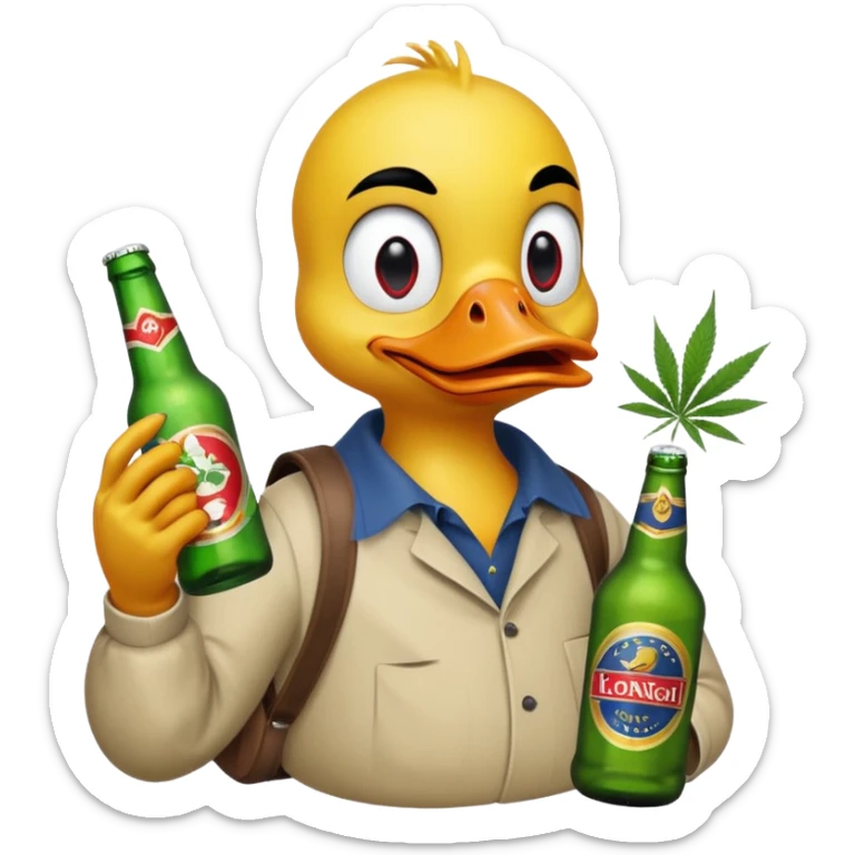 Drunk and high duck animal holding wĺeed bottle and a bag of weed. Looking really drunk sticker