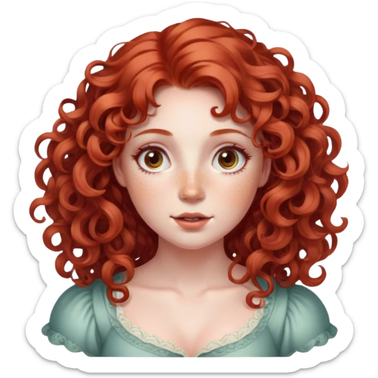 lady with Soft, round face, rosy cheeks, wide expressive eyes, wavy red hair, often styled in intricate ringlets, Fair skin, freckles, sticker