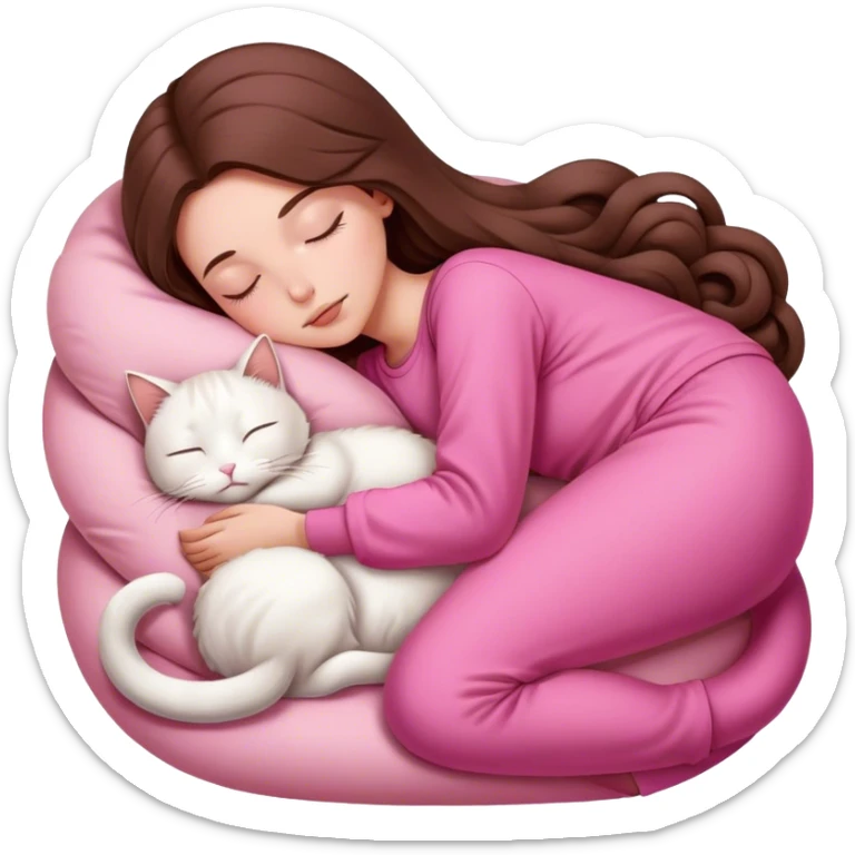 A pretty white girl with very long brown hair and pink clothing sleeping curled up to a white cat  sticker