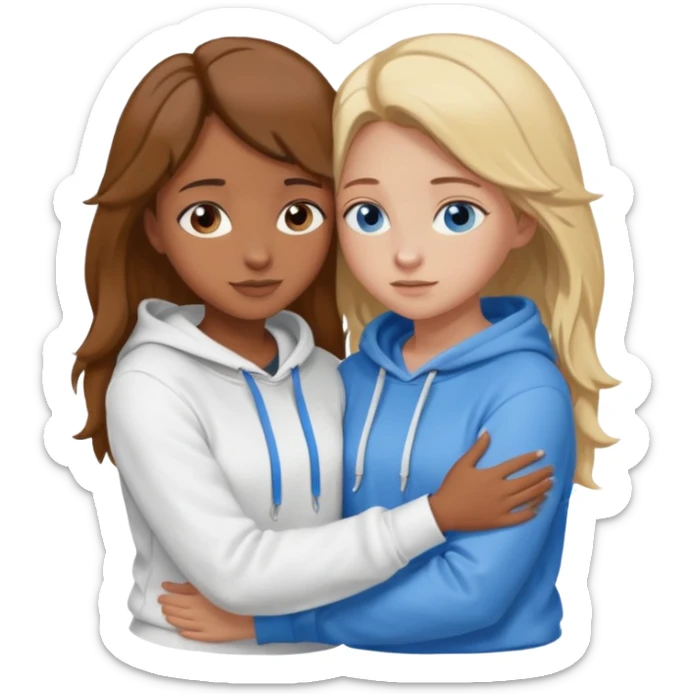 two Girls, Brown and Blonde hair, with Blue Eyes hugging one has Brown hair cute Hug another Version  Both Blue eyes and white hoddies Brown haired blonde on sticker