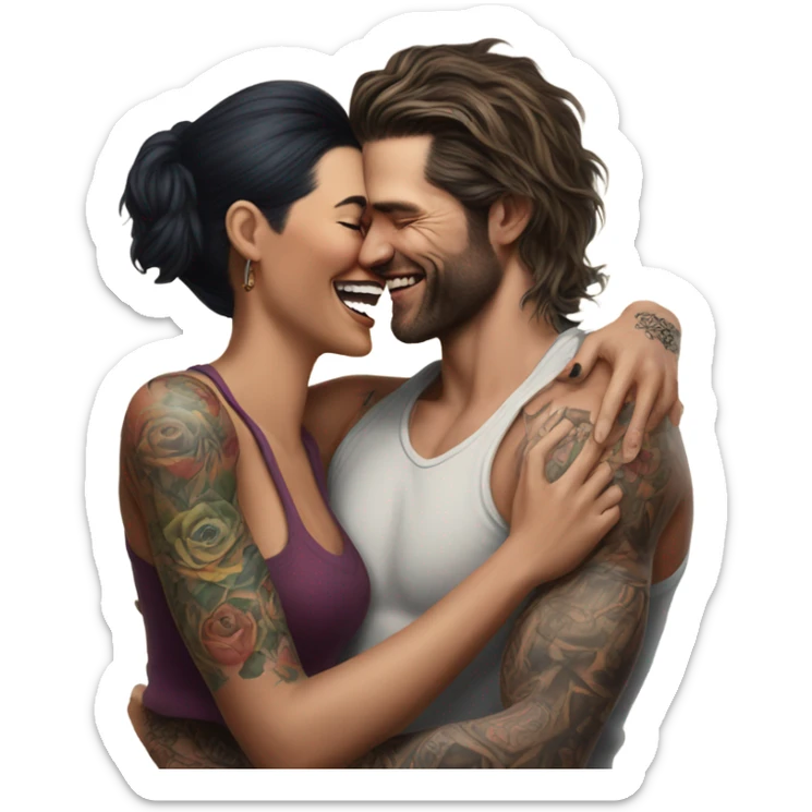 Hyper Realistic beautiful woman in the arms of a very handsome tattooed man laughing  sticker