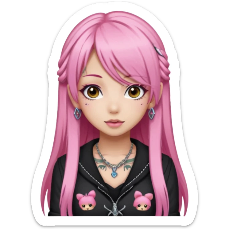hime gyaru girl with long straight pink hair, tattoos, dark makeup sticker