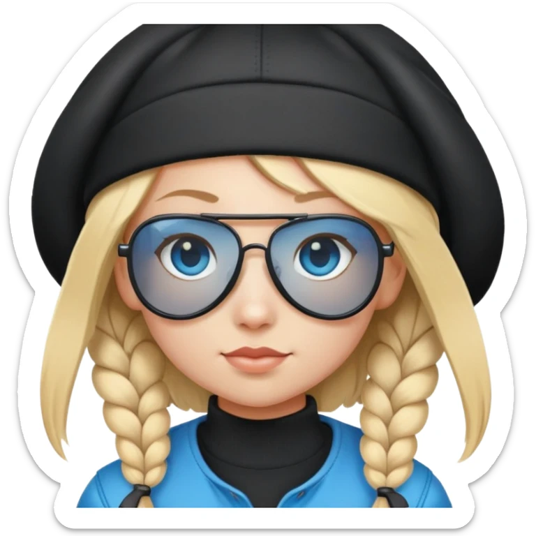 girl with pigtailed blond hair
with blue eyes and aviator sunglasses

wearing a black plain beanie sticker