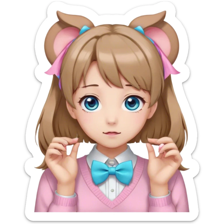 Neuro-sama, AI Vtuber, light-brown hair, blue big round eyes, anime style, pink bow ties in hair, blushing, cute, cyan bow tie on neck, beige sweater, pig tails, white heart hair clip, sticker