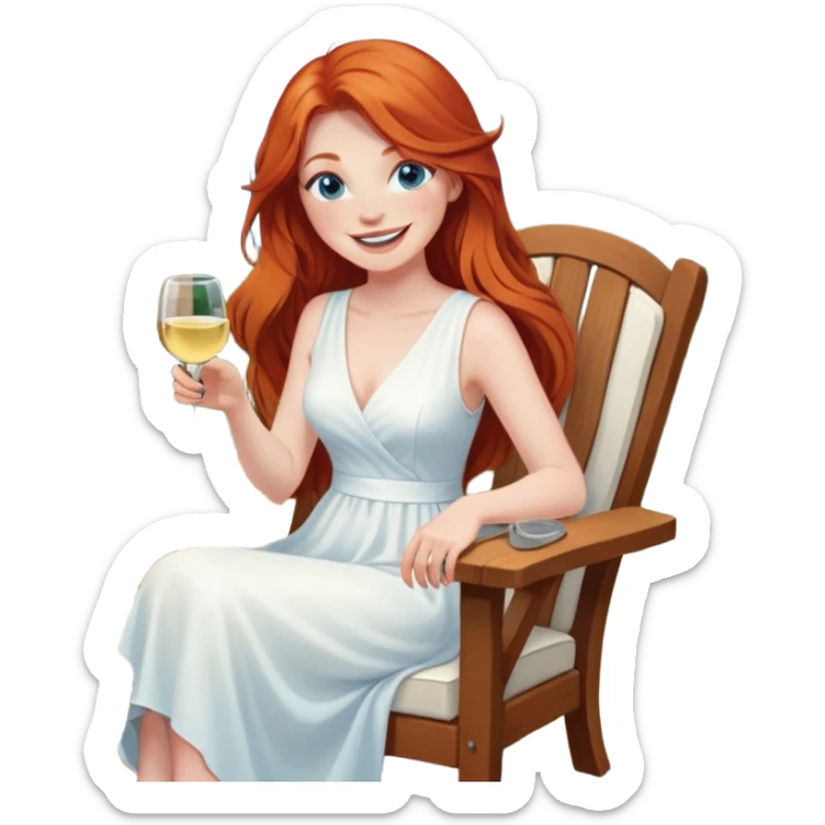 Laughing redhead with long hair and blue eyes white wine sitting in chair beside fire pit sticker