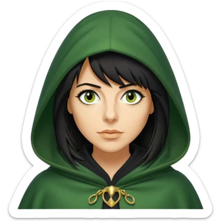 claudia winkleman as a traitor with a green hooded cloak with a gold clasp and dark black eyeliner sticker