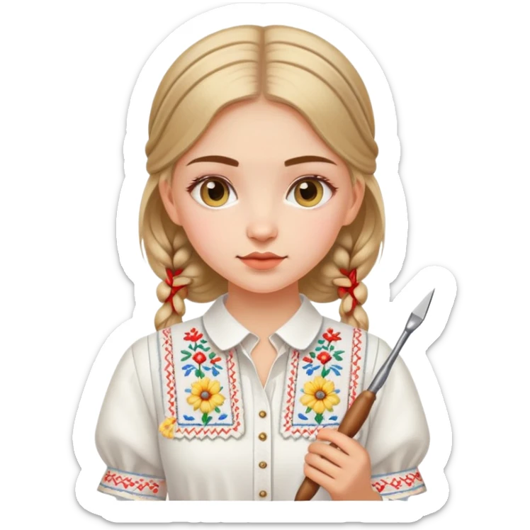 Ukrainian young girl in white embroidered traditional shirt holding needlework tools sticker