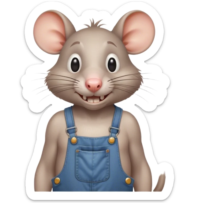 cartoonish skinny drunk hillbilly rat wearing overalls no shirt standing and talking. human eyes. teeth showing sticker