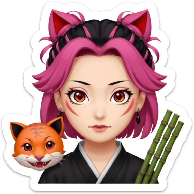 tanjiro: Kind red eyes, black hair with burgundy tips, forehead scar, tanned skin, Hanafuda earrings.                             nezuko:   Pink eyes, black-orange hair, fangs, bamboo muzzle. sticker