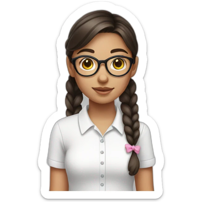 girl with dark brown hair with pigtails in a white shirt with pink on her face and wearing glasses sticker