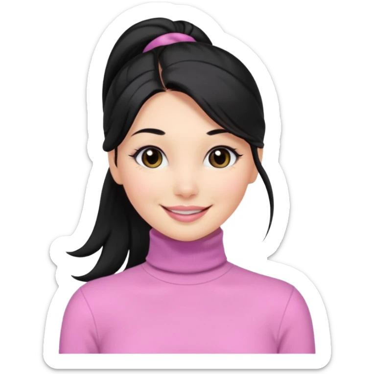 a woman with long sleeve turtle neck top and smile, her hair is long black one pony tail, her eyes color are black and the color of her lip is soft pink sticker
