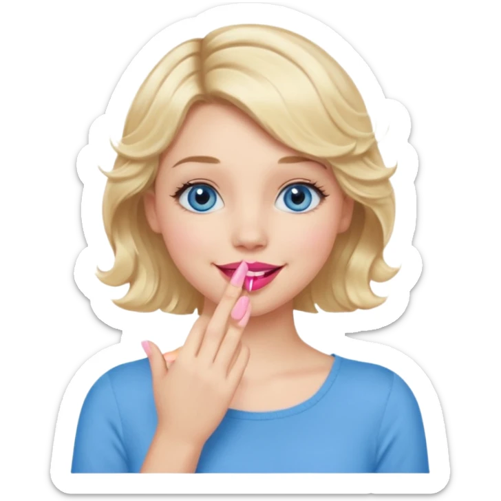 Girl Blonde short wavy hair,  blue eyes, cute blue top, long lashes, pink lips, smiling, hand covering the mouth sticker