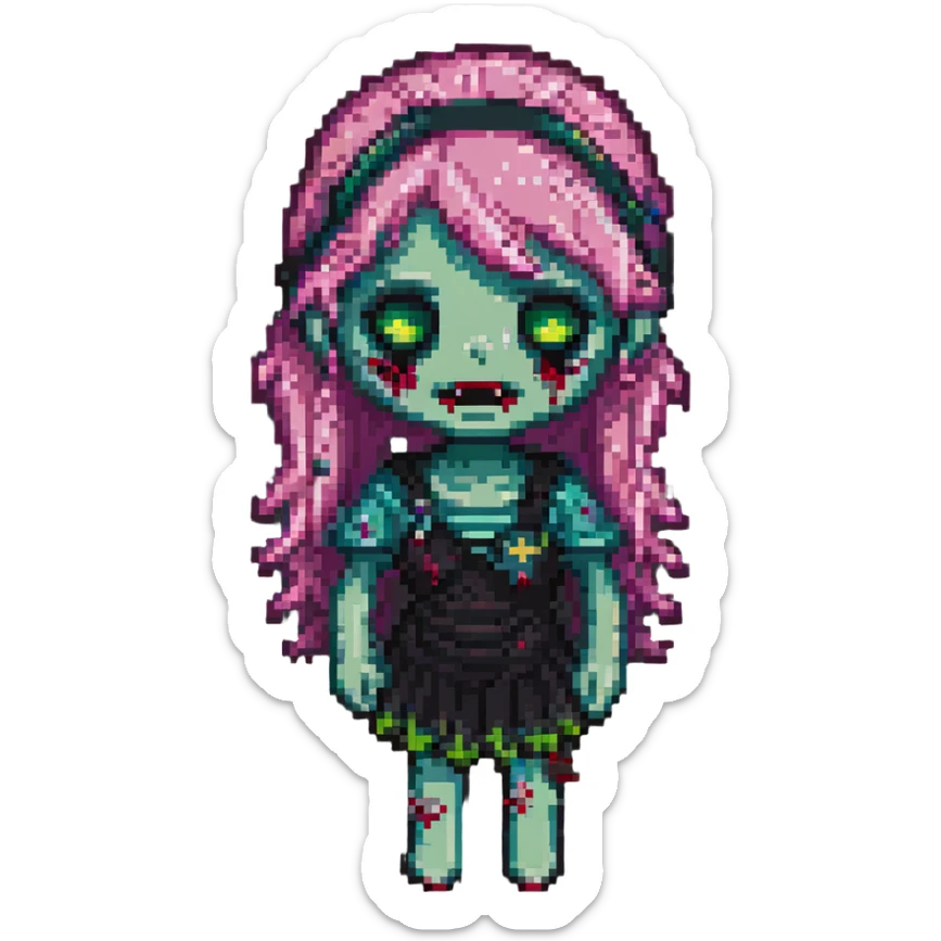 pixel art of a girl zombie with pink hair and bangs sticker