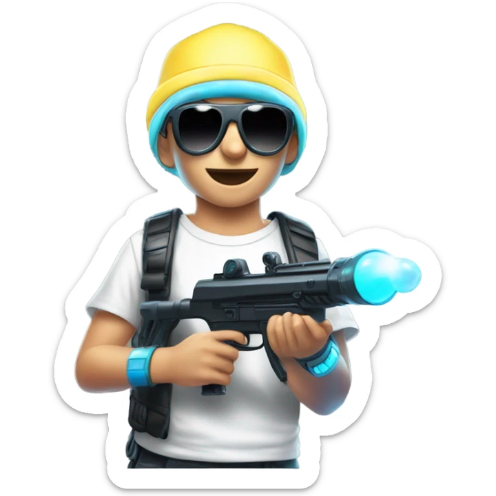 Caucasian boy in glowing rave gear with sunglasses and mask and hat and headlamp and shooting a bubble gun sticker