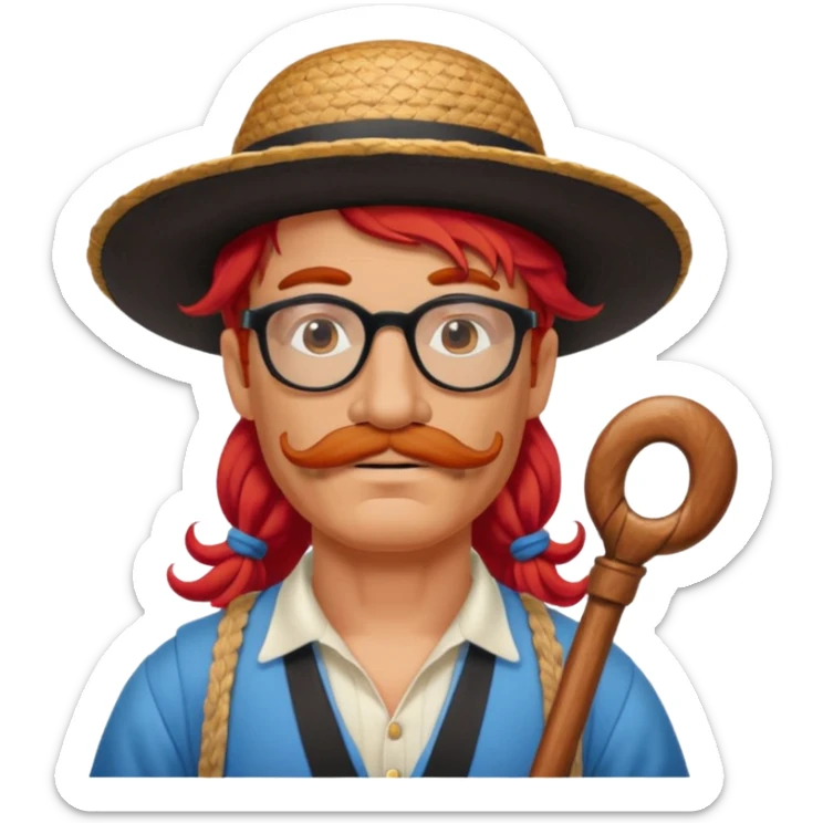 venice gondolier with long red hair, iconic hat, normal glassess and mustache sticker