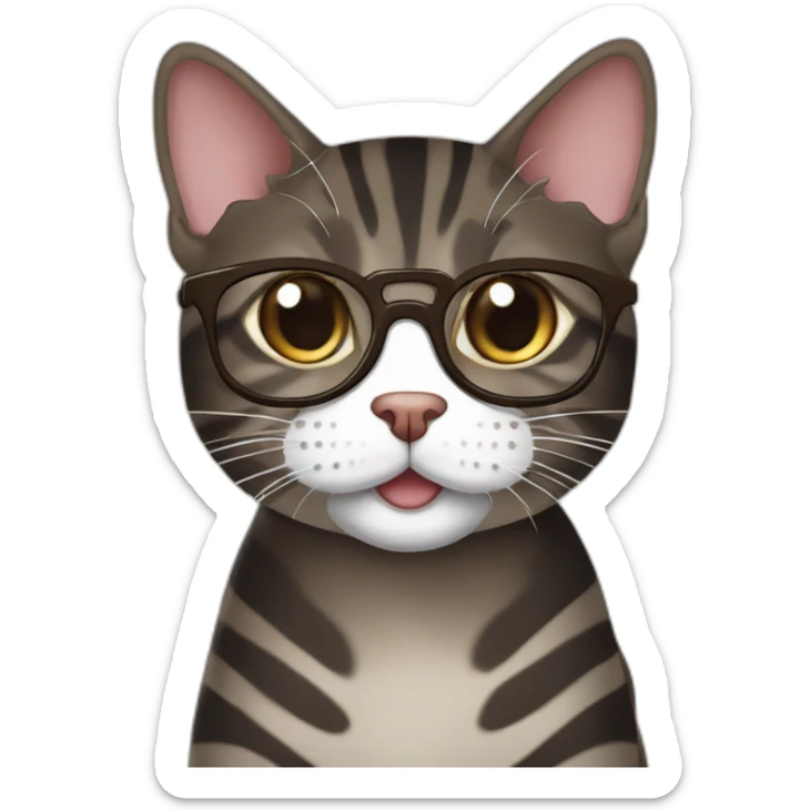 Striped wenge domestic shorthair cat with white mouth wearing glasses sticker