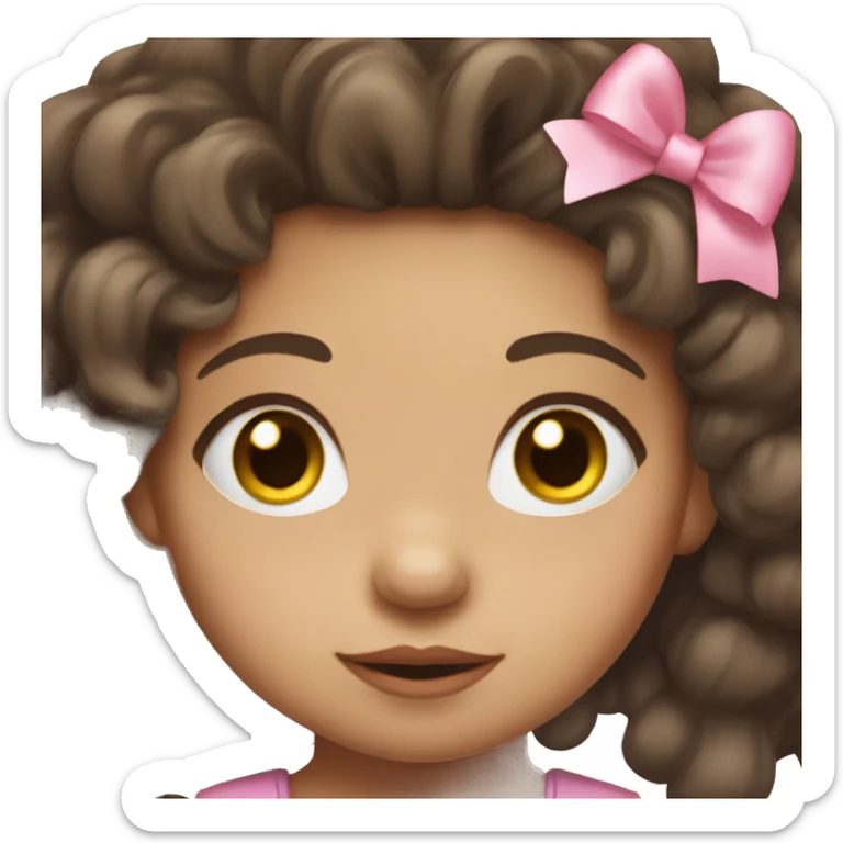toddler girl with fluffy brunette hair, brown eyes, light skin and a pink bow in her hair sticker