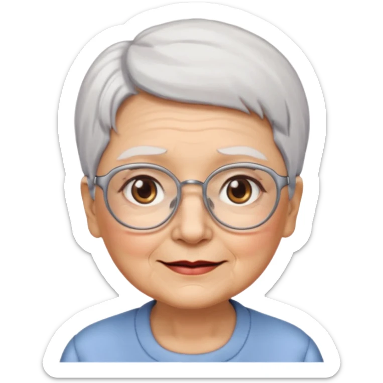 Create me emoji of an old lady. Short white hair to left side. Square glasses. Brown eyes. Rounded really big and really wide face. Wide nose.  sticker