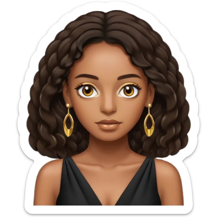 Solange brown eyes, long dark brown hair, black outfit with earrings sticker