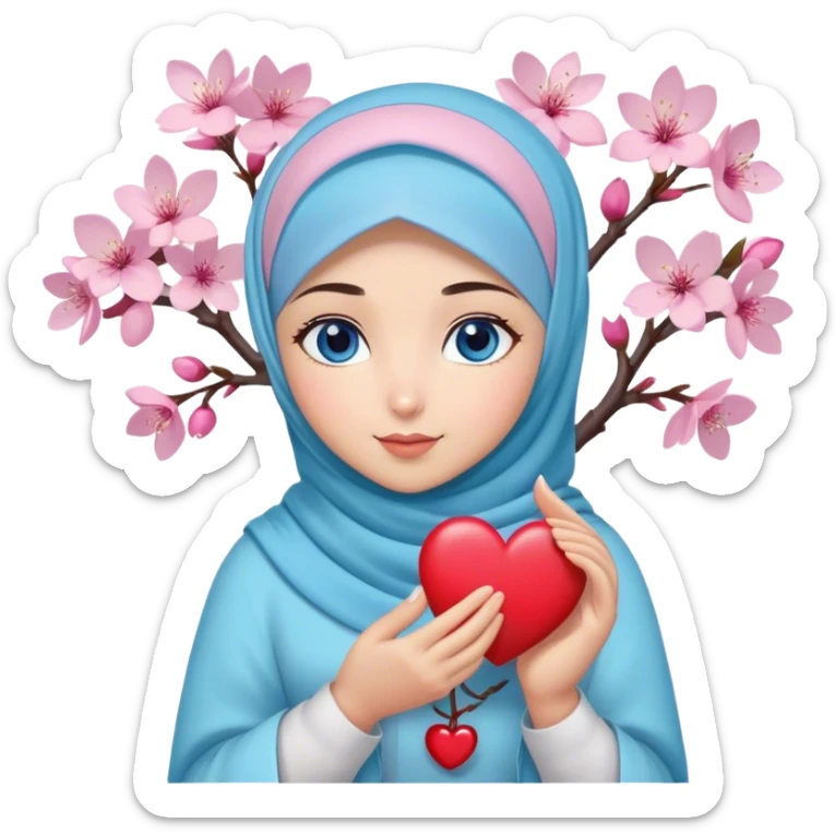 Turkish beautiful finish Konya girl blue eyes with cherry blossom flower lila design hijab and hold heart in her hand  sticker