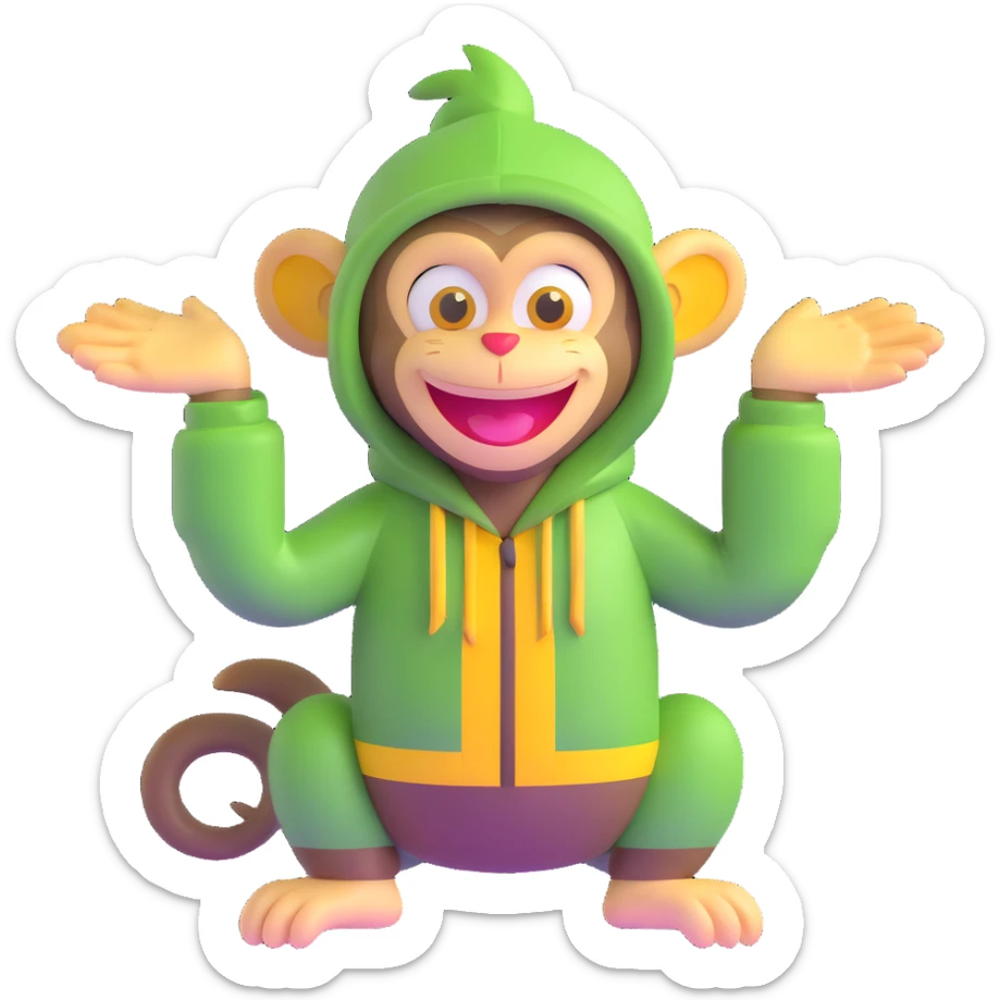 Cute 3D green monkey with big yellow ears, dark hood, and a happy face. Arms open wide, always smiling and full of energy. Friendly, fun, and curious — perfect for preschool kids. sticker