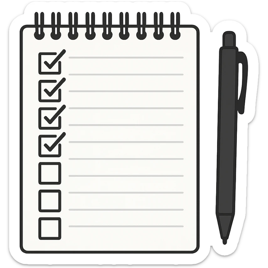 emoji of white spiral notebook with some list on it and a black pen nearby sticker