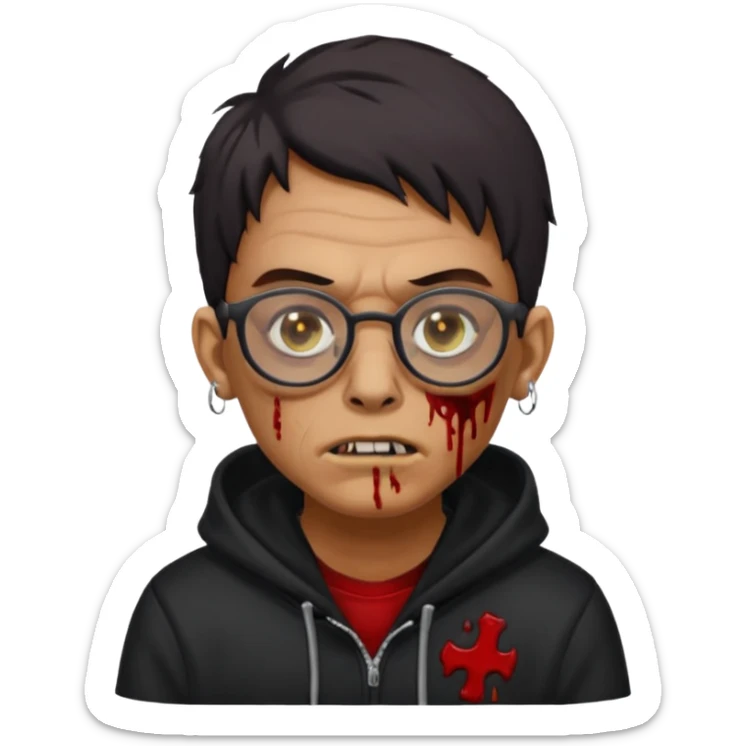 Chico moreno zombie, con gafas y sudadera negra, dos aretes en la oreja izquierda y dos en la derecha, ojeras en los ojos y sticker