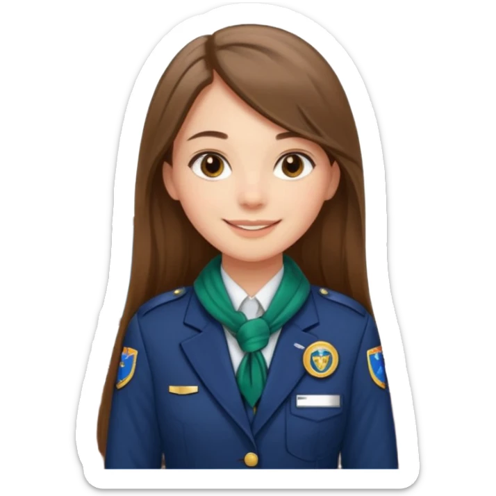 Young girl, long brown straight hair, wearing uniform jacket with hotel name badge, tasteful scarf, stand behind the desk

 sticker