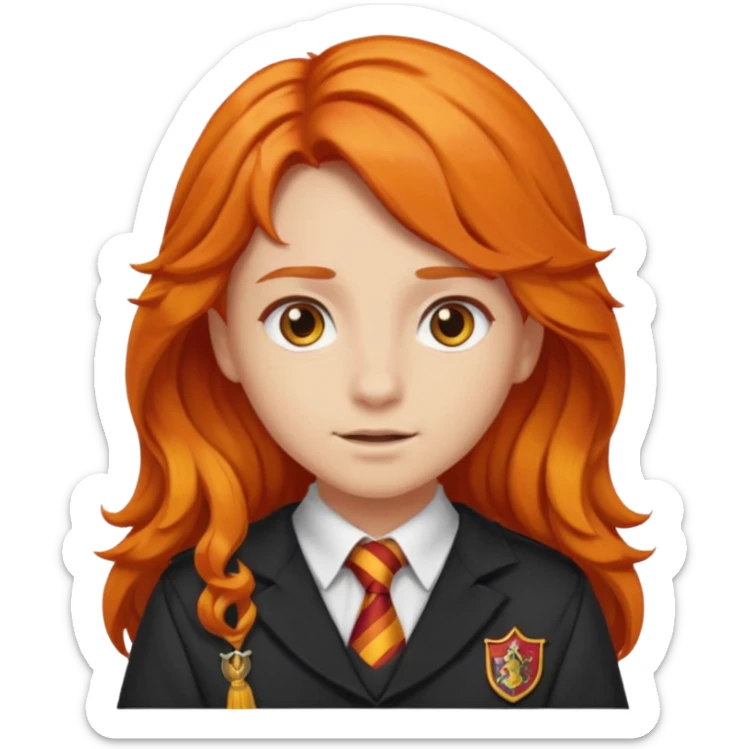 A iphone emoji with long wavy fierce orange hair and hazel eyes, wearing Gryffindor school uniform sticker