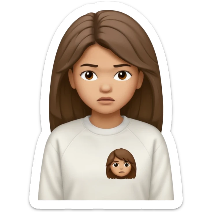 Zendaya upset in a white sweatshirt (no print on it), unhappy face, hair till shoulders sticker