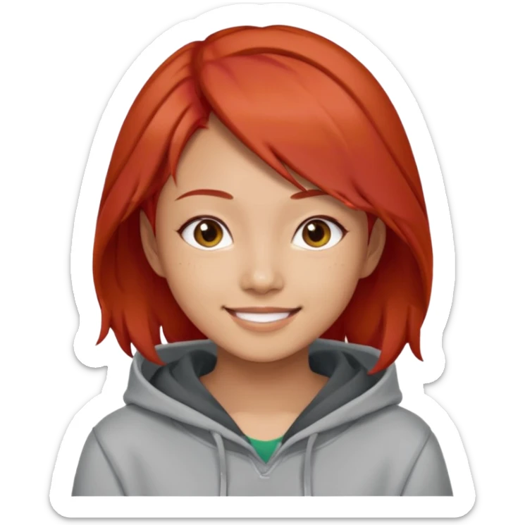 Asian young adult in a hoodie with red hair care free persona sticker