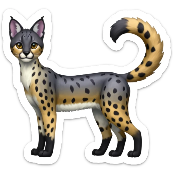 Colorful adorable shiny spectral soft smooth black gloomy dark dull melanistic Caracal-Cheetah-Serval-Snow-Leopard-Trico-Sergal-Vernid-fusion-hybrid-animal-creature, full body sticker