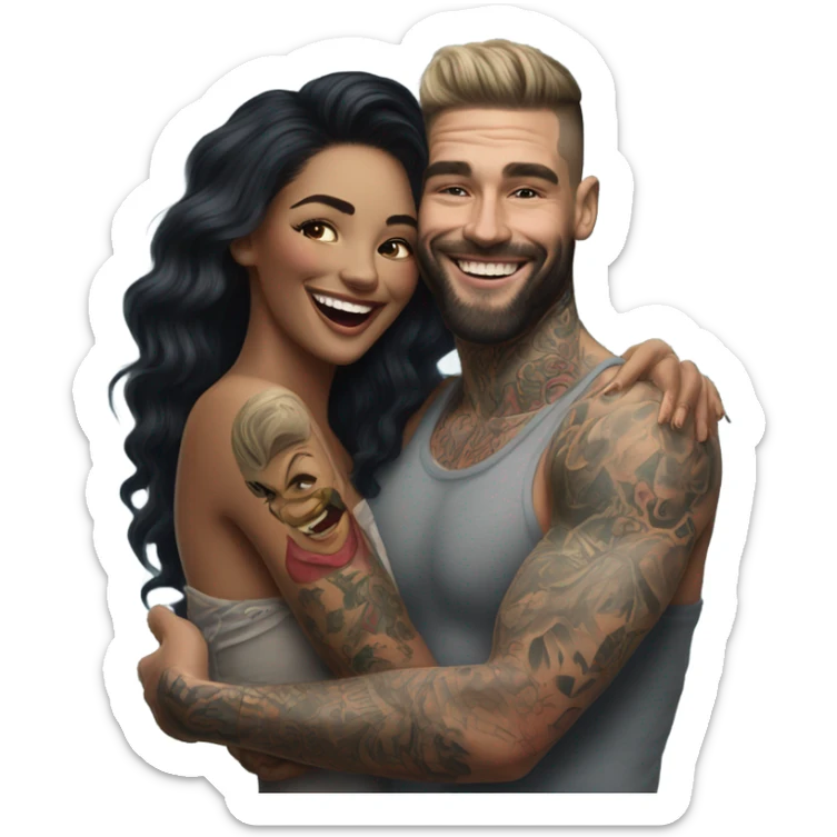 Hyper Realistic beautiful woman in the arms of a very handsome tattooed man laughing  sticker