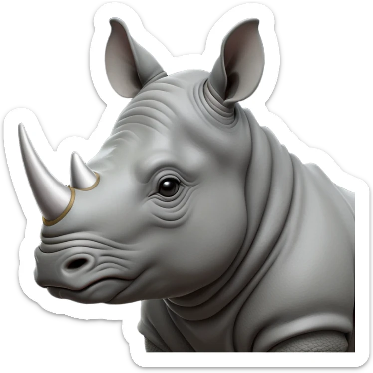 cinematic-noble-rhinoceros-portrait-emoji,-poised,-with-a-massive,-powerful-build-and-a-thick,-hide-of-slate-gray,-deep-set-soulful-piercing-eyes,-simplified-yet-sharp-and-sophisticated-features,-highly-detailed, with large black eyes, szoomed out showing houlders sticker