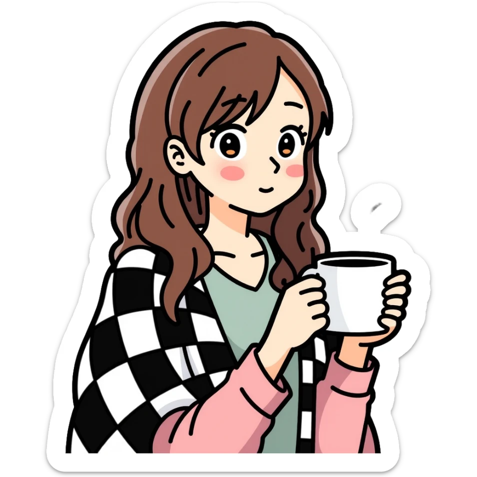A 16-year-old girl with brown eyes and brown hair, with a black and white checkered blanket on her back, holding a white cup of tea in her hand sticker