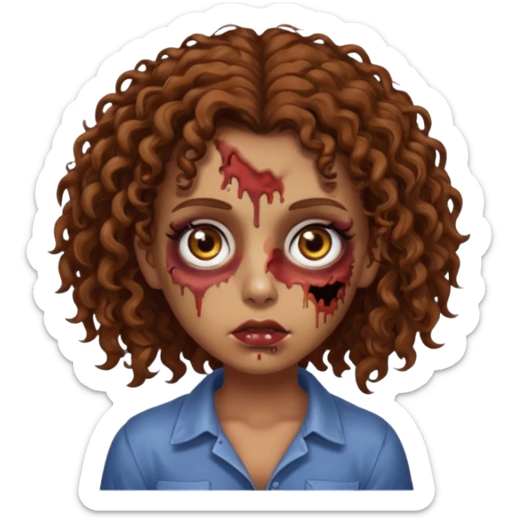 Una chica zombie con cabello rizado café y ojos cafés con un lunar debajo de el ojo izquierdo  sticker